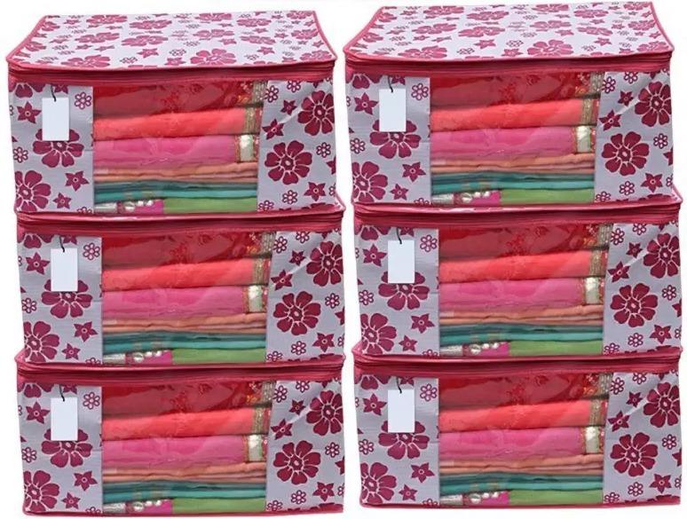 Saree Cover Polka Pink Flower Design Pack Of 6 Non Woven
