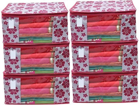 Saree Cover Polka Pink Flower Design Pack Of 6 Non Woven