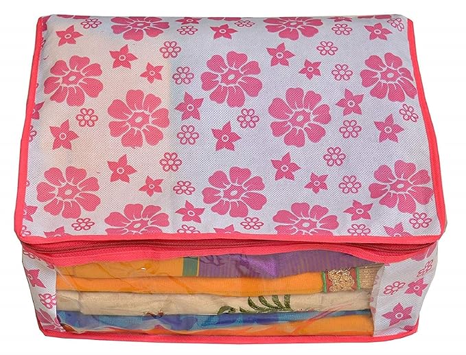 Saree Cover Polka Pink Flower Design Pack Of 6 Non Woven