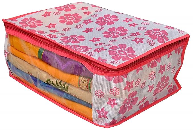 Saree Cover Polka Pink Flower Design Pack Of 6 Non Woven