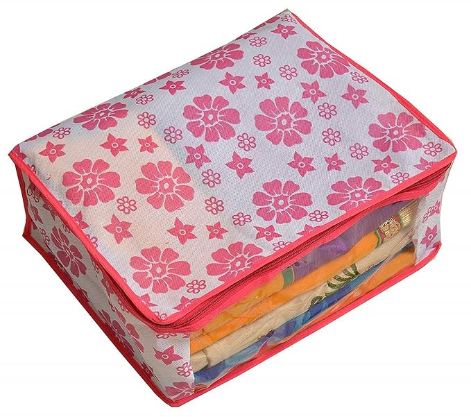 Saree Cover Polka Pink Flower Design Pack Of 6 Non Woven