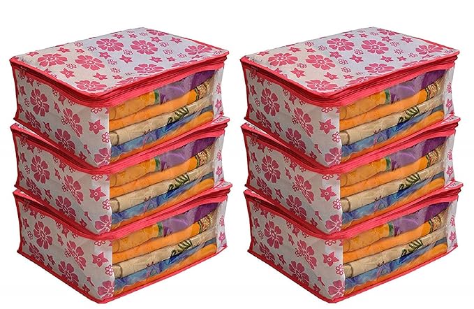 Saree Cover Polka Pink Flower Design Pack Of 6 Non Woven